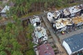 Hostomel, Kyev region Ukraine - 09.04.2022: Top view of the destroyed and burnt houses. Houses were destroyed by rockets or mines