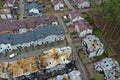 Hostomel, Kyev region Ukraine - 09.04.2022: Top view of the destroyed and burnt houses. Houses were destroyed by rockets or mines