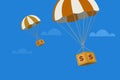 Hot air balloons transporting money boxes in the sky. Royalty Free Stock Photo
