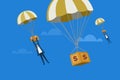 Businessmen hanging on money boxes carried by hot air balloons in the sky Royalty Free Stock Photo