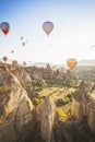 Hot air ballons over Love Valley near Goreme and Nevsehir in the center of Cappadocia, Turkey region of Anatolia. Royalty Free Stock Photo