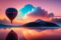 Hot Air Balloon above clouds in the sky with silhouette scenery. Generative AI. AI Royalty Free Stock Photo