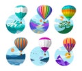 Hot air balloon. Aerial travel. Adventure journey. Scenic nature landscape. Wild mountains. River water. Ballooning