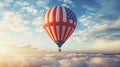 A hot air balloon, an airship flies in the clouds of the sky in the color of the flag of the United States of America.