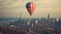 A hot air balloon, an airship flies over a big city in the colors of the flag of the United States of America.