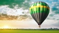 hot air balloon on the background of a green field and sun cloudy sky copy space Generative AI Royalty Free Stock Photo