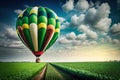 hot air balloon on the background of a green field and sun cloudy sky copy space Generative AI Royalty Free Stock Photo