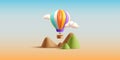 Hot Air Balloon with basket 3d render illustration flying above the mountains in the sky with clouds, render composition Royalty Free Stock Photo