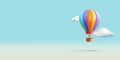Hot Air Balloon with basket 3d render illustration flying in the sky in clouds, render composition Royalty Free Stock Photo