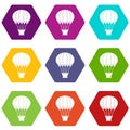 Hot air balloon with basket icon set color hexahedron Royalty Free Stock Photo