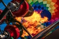 Hot air balloon, bright burning fire flame from gas burner equipment, close up from inside Royalty Free Stock Photo