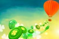 Hot air balloon with casino chips, clovers and baloons flying from Royalty Free Stock Photo