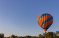 Hot air balloon in clear summer sky over trees. Colorful balloon on summer landscape background. Summer leisure.