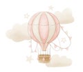 Hot air Balloon with cloud and stars in pastel pink and beige colors. Hand drawn watercolor illustration for Baby shower