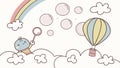 Hot air balloon in clouds, dream travel, adventure, and whimsical journey illustration. Vector Design, Generative AI