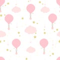 Hot air balloon, clouds and shining star seamless background pattern