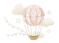 Hot Air Balloon with clouds and stars. Watercolor hand drawn illustration with vintage aerostat for Baby Shower on