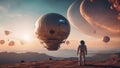 hot air balloon in the desert Alien and astronaut travels by on aerostat and exploring the universe. Space voyagers. Royalty Free Stock Photo