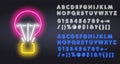 Hot air balloon festival neon light icon. Aerostat. Glowing sign with alphabet, numbers and symbols. Ballooning neon sign. Hot air Royalty Free Stock Photo