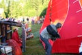 A hot air balloon is filling up