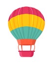 Hot air balloon flat vector illustration. Old fashioned aircraft with basket and sand bags. Vintage flying