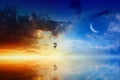 Hot air balloon flies in glowing sunset sky above calm sea Royalty Free Stock Photo