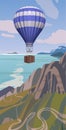 Hot air balloon flies over the sea bay. Vector Royalty Free Stock Photo