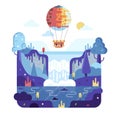 Hot air balloon flies over a waterfall, forest and lake - Vector cartoon flat illustration.