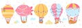Hot air balloon flight. Cute cartoon animals flying on balloons, retro childish graphic. Festival kids design, funny