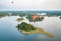 Hot Air Balloon Flight over Trakai. Medieval castle of Trakai, Vilnius, Lithuania Royalty Free Stock Photo