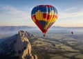 Hot air balloon in flight with panoramic view