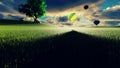 Hot air balloon flight at sunset over endless green fields. Beautiful nature and Summer landscape. 3D Rendering