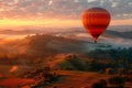 Hot air balloon floating gracefully over a patchwork of colorful fields and rolling hills at sunrise, with mist Royalty Free Stock Photo