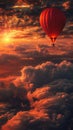 Hot air balloon floating over clouds at sunset Royalty Free Stock Photo