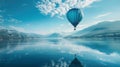 A hot air balloon floats above azure water, with mountains in the backdrop Royalty Free Stock Photo