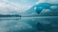 A hot air balloon floats above azure water, with mountains in the backdrop Royalty Free Stock Photo