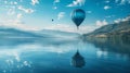 A hot air balloon floats above azure water, with mountains in the backdrop Royalty Free Stock Photo