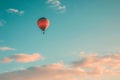 A hot air balloon floats gracefully through the sky against a backdrop of vibrant blue, A plainly colored sky with a single hot