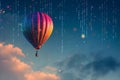 A hot air balloon floats through the sky, showcasing its vibrant colors against the backdrop of clouds, Visualize a hot air Royalty Free Stock Photo