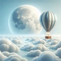 A hot air balloon flying above the clouds against the background of a large full moon. Royalty Free Stock Photo