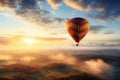 a hot air balloon is flying in clouds, beautiful dramatic sunset sky with cumulus clouds over a forest with haze, aerial view Royalty Free Stock Photo