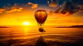 Hot air balloon flying over body of water during beautiful sunset. Generative AI Royalty Free Stock Photo