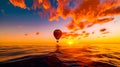 Hot air balloon flying over body of water at sunset or sunrise. Generative AI Royalty Free Stock Photo