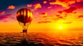 Hot air balloon flying over body of water at sunset or sunrise. Generative AI Royalty Free Stock Photo