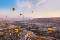 Hot air balloon flying over Cappadocia Turkey Royalty Free Stock Photo