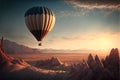 Hot air balloon flying over the desert. 3d render illustration.