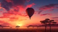 a hot air balloon flying over a field at sunset with palm trees. generative ai Royalty Free Stock Photo