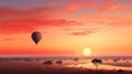 a hot air balloon flying over a field with trees at sunset. generative ai Royalty Free Stock Photo