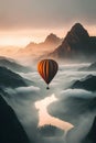 Hot air balloon flying over the foggy mountains. 3d rendering Royalty Free Stock Photo