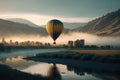 Hot air balloon flying over foggy mountains at sunrise. Generative AI
